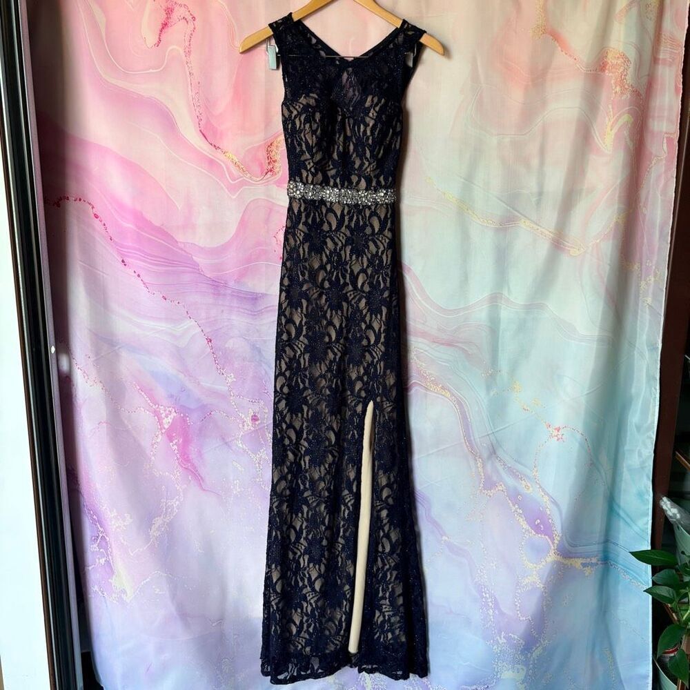 Jodi Kristopher 1 Shimmery Navy Blue Lace Nude Formal Gown Dress Luxury Evening